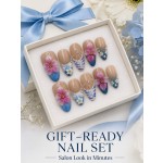 Blue‑Blossom 3D Floral Press‑On Nails, Medium‑Long Almond Handmade False Nails with Shell & Stripe Art